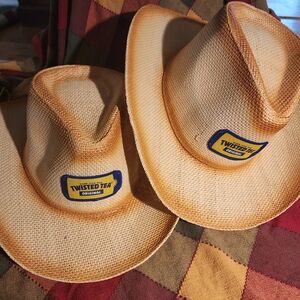 Twisted Tea Original Straw Tan Cowboy Hat with Blue and Yellow Patch Lot X 2
